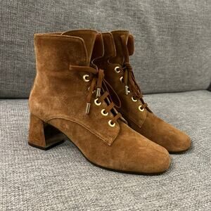 Marion Parke Stevie Suede Lace Up Boots Sz 9 Block Heel Tan Brown Ankle Booties